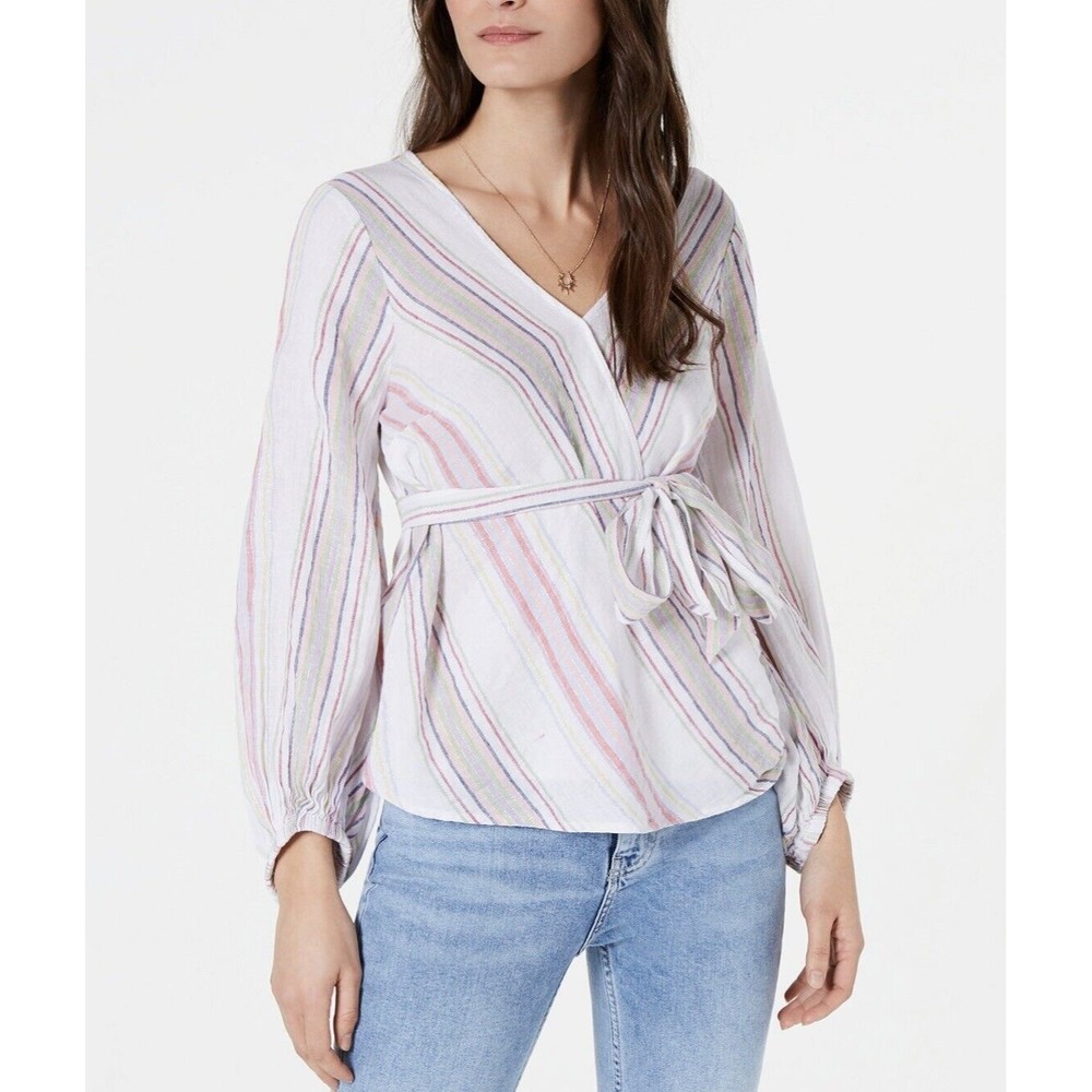 INC NEW Women's Blouson Sleeve Metallic Linen Blend Faux Blouse Shirt Top M